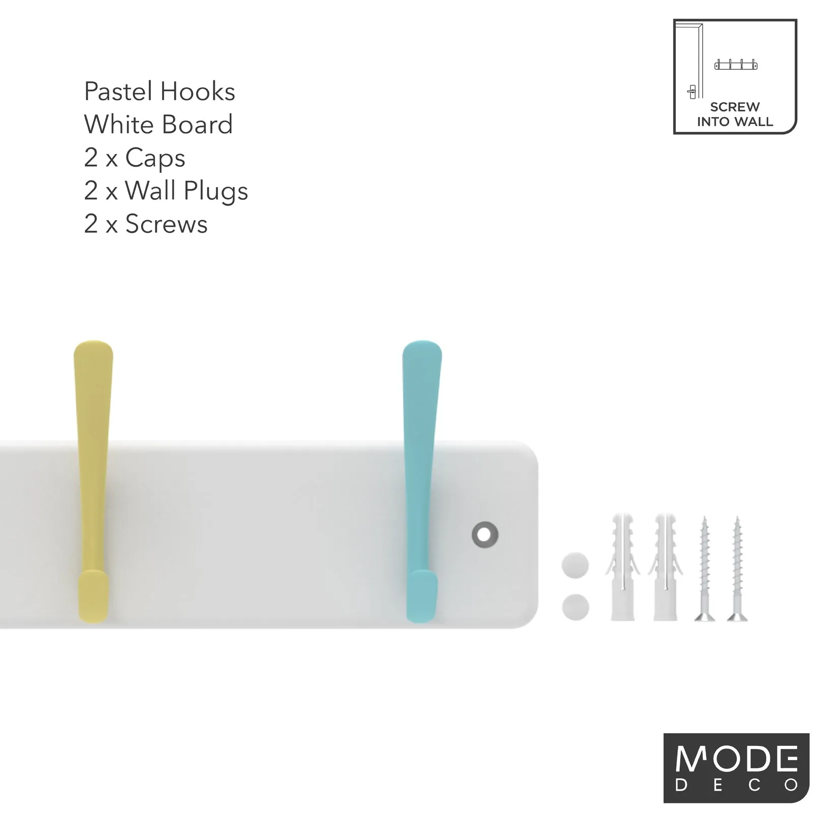 4 Pastel Hooks on White Board Hat & Coat Rack