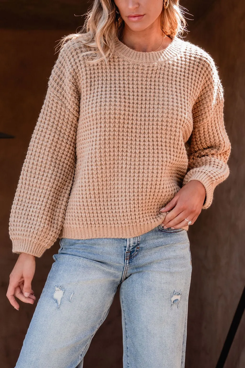 Camel Ribbed Waffle Knit Sweater