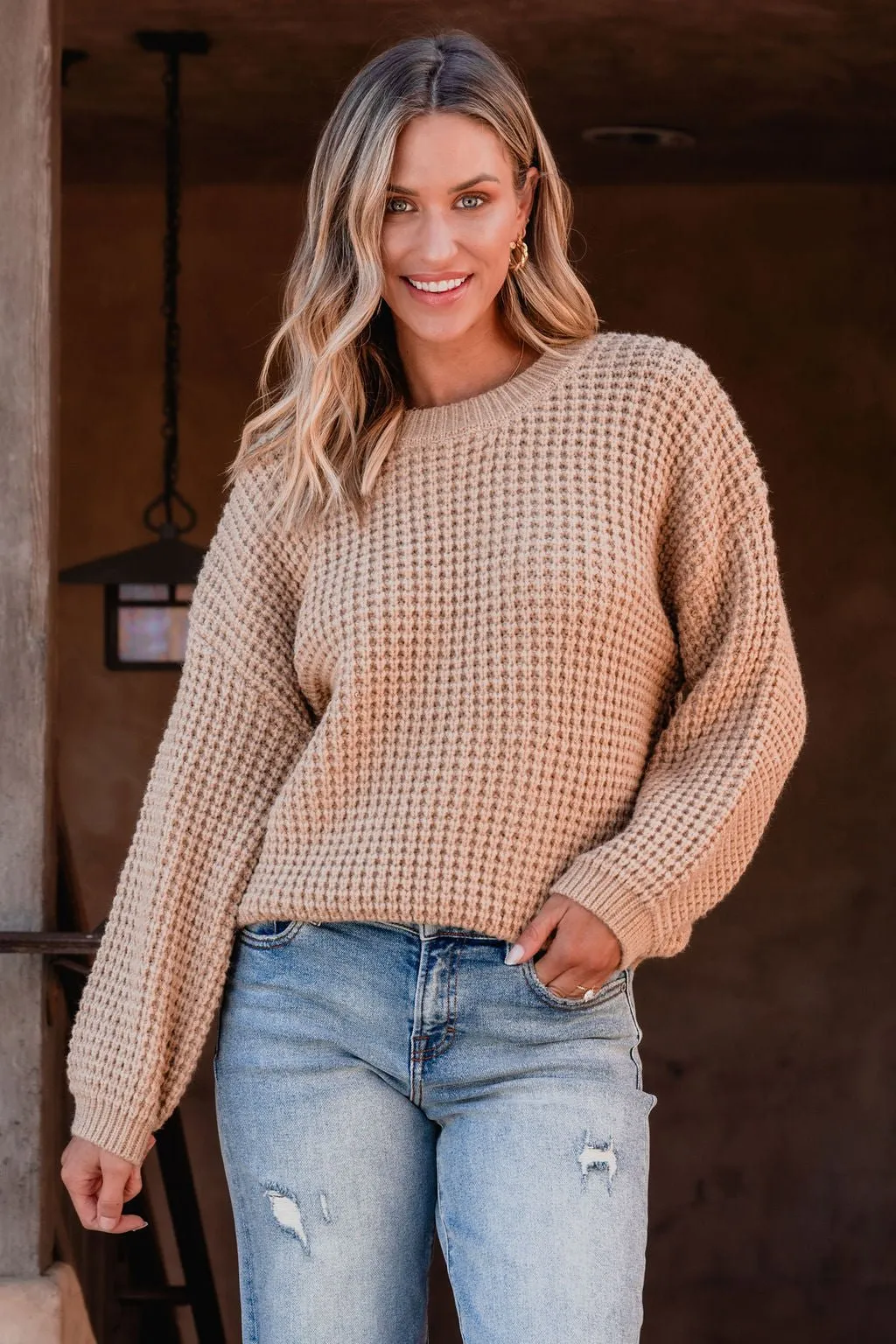 Camel Ribbed Waffle Knit Sweater