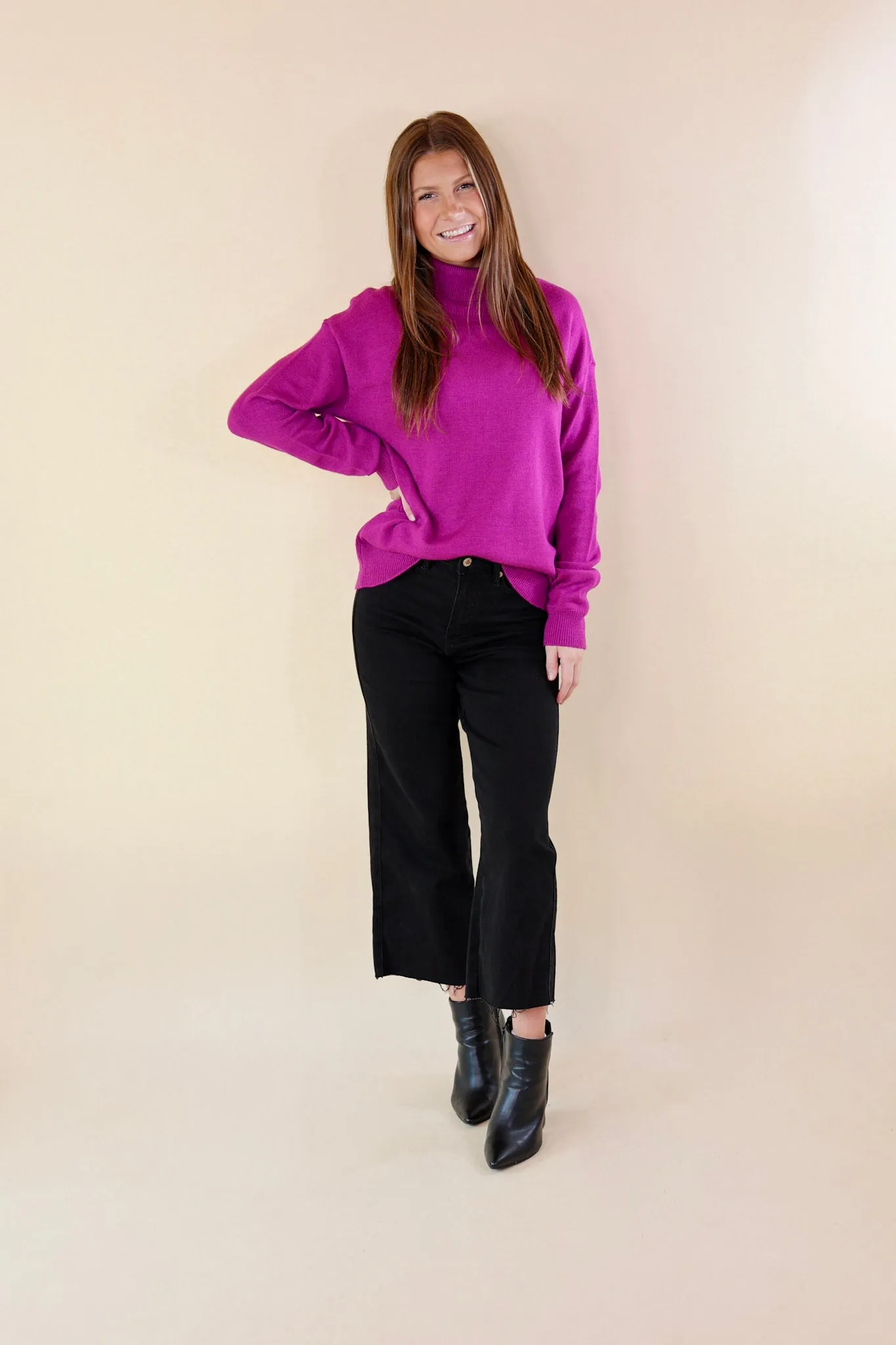 Chilly Days Ahead Turtle Neck Sweater with Long Sleeves in Magenta