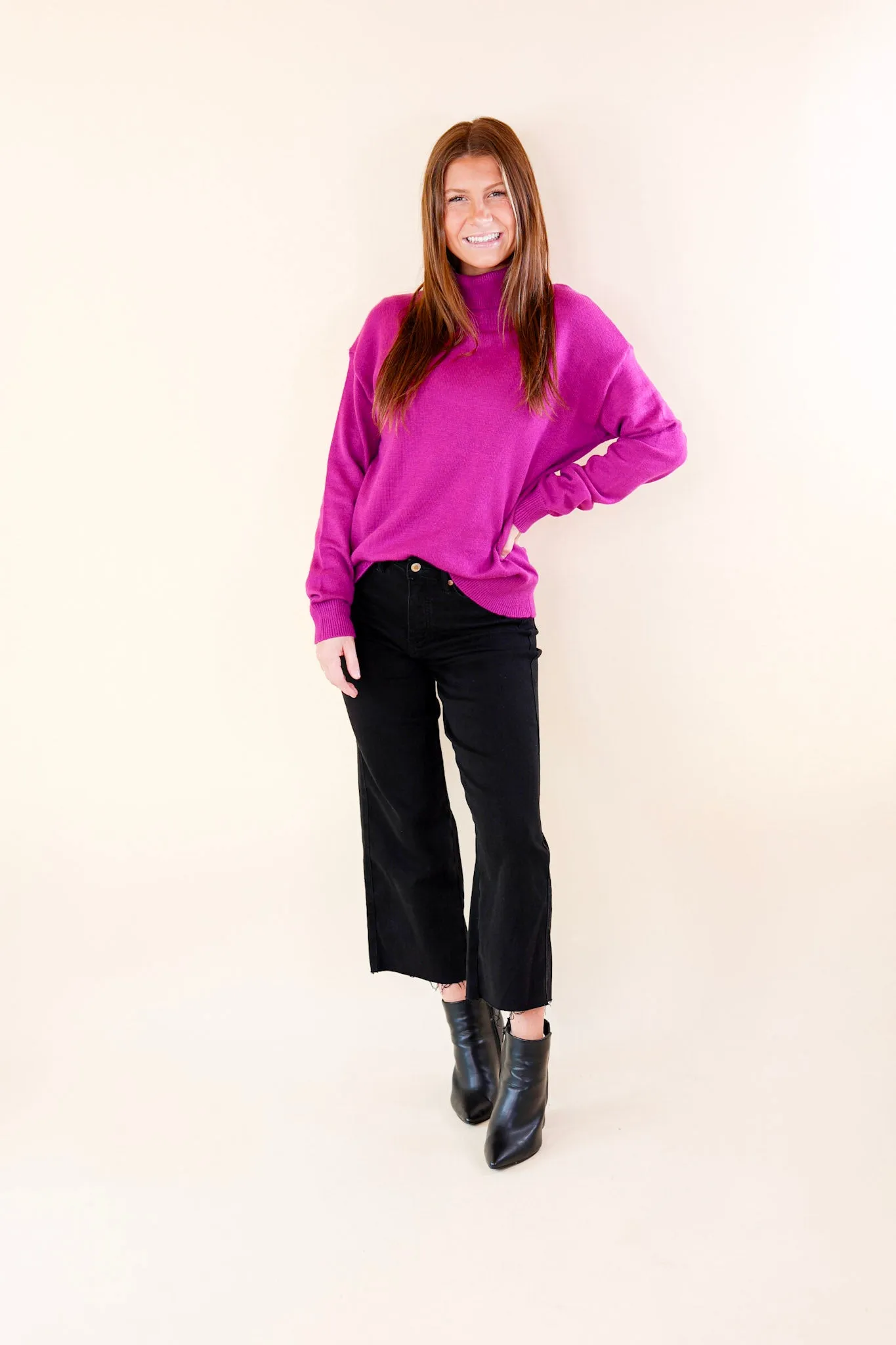 Chilly Days Ahead Turtle Neck Sweater with Long Sleeves in Magenta