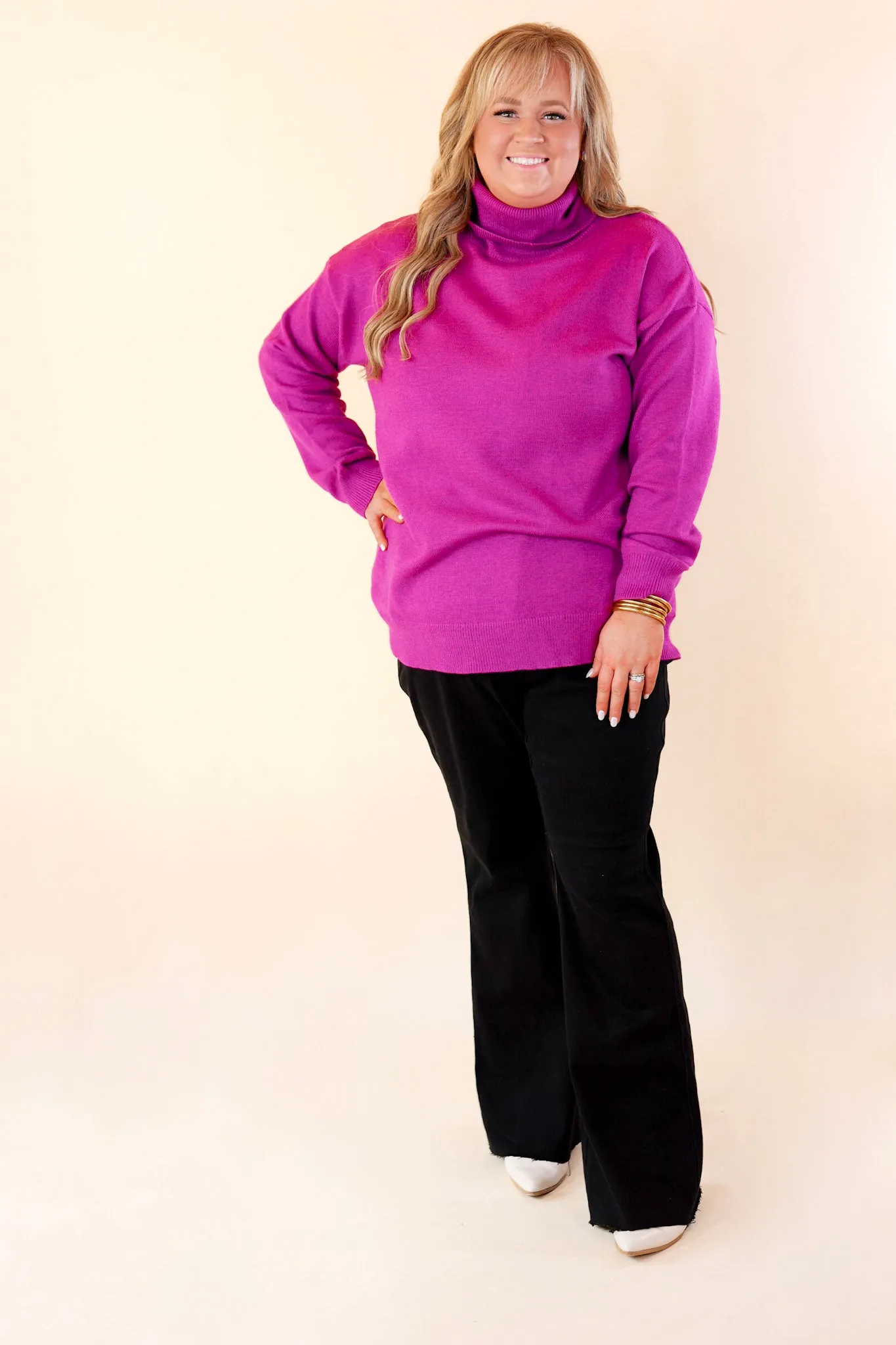 Chilly Days Ahead Turtle Neck Sweater with Long Sleeves in Magenta