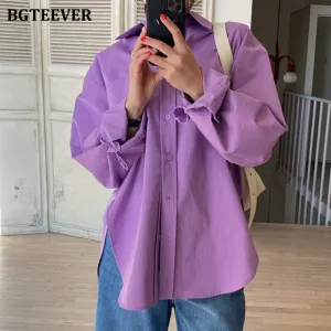 Christmas Gift Joskaa Stylish Turn-down Collar Single-breasted Loose Female Shirts Full Sleeve Ladies Solid Blouses 2024 Autumn Blusas Femme