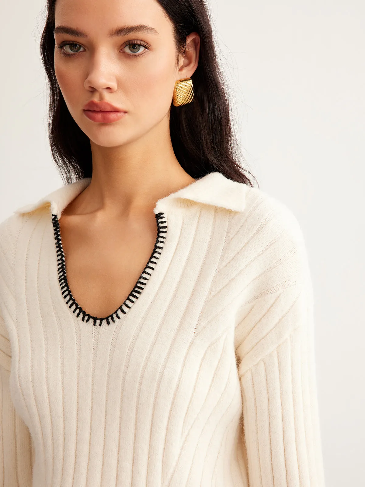 Embroidered Contrast Trim Cozy Sweater