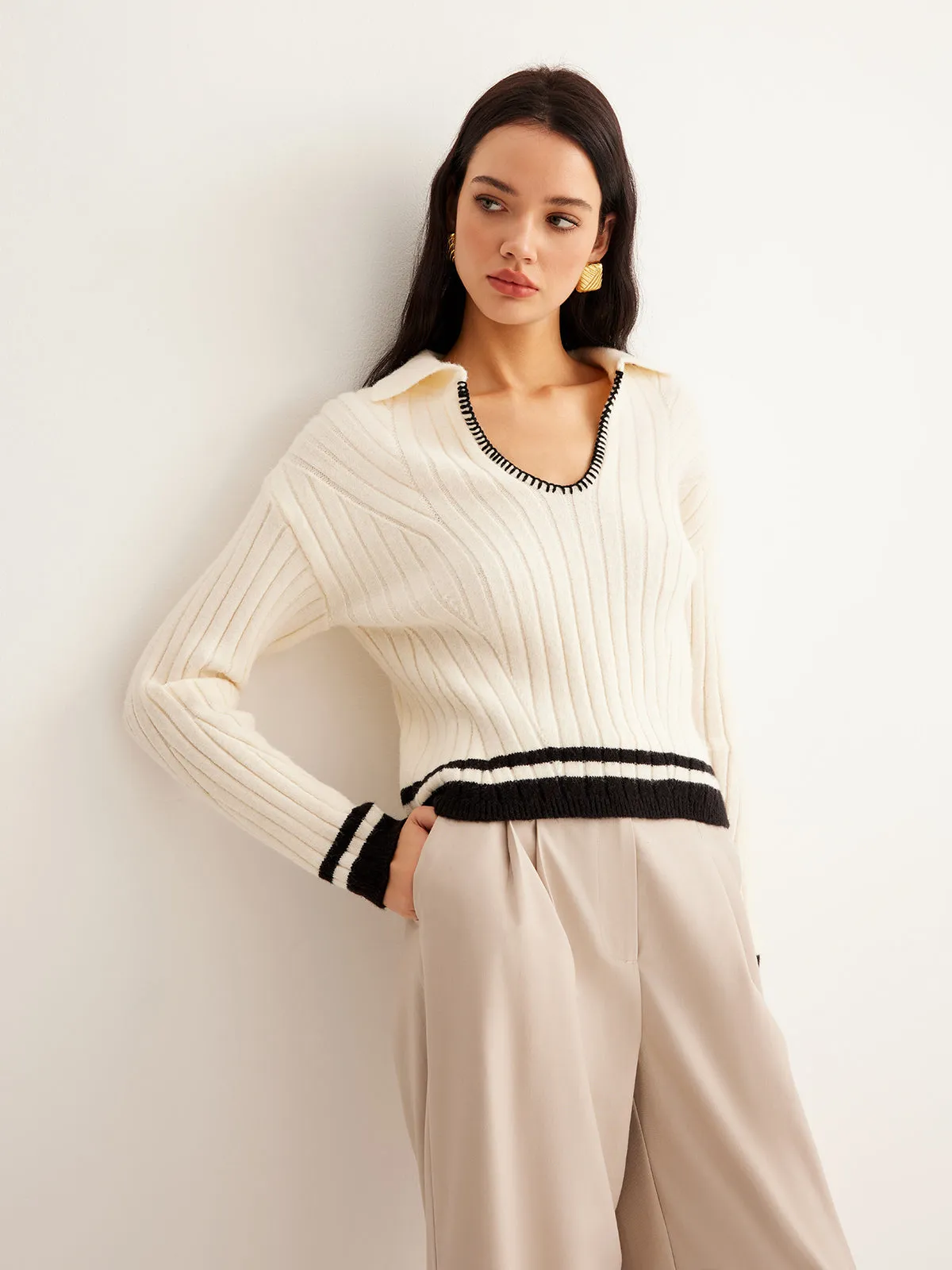 Embroidered Contrast Trim Cozy Sweater