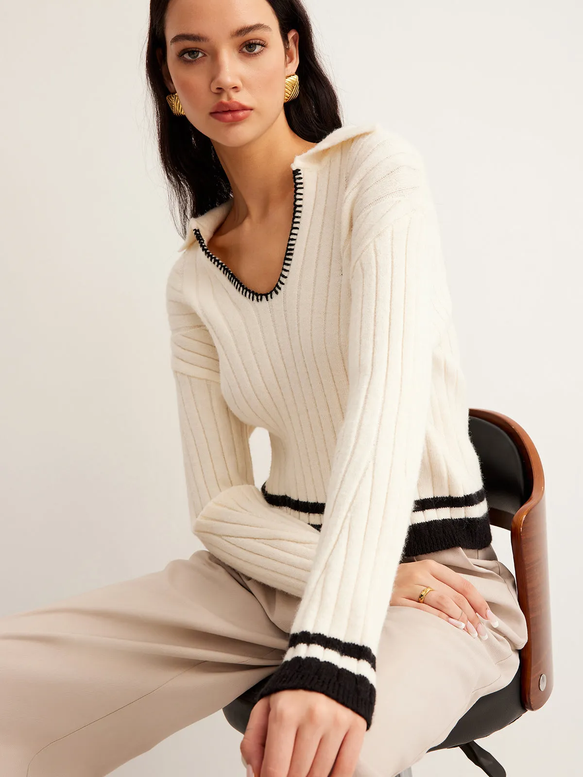 Embroidered Contrast Trim Cozy Sweater