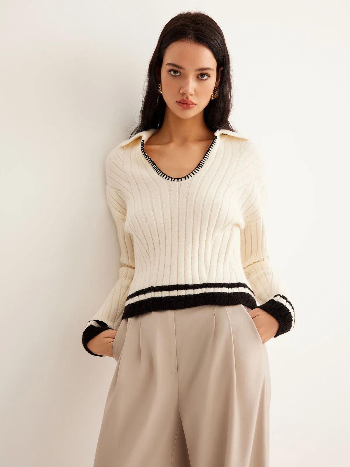 Embroidered Contrast Trim Cozy Sweater