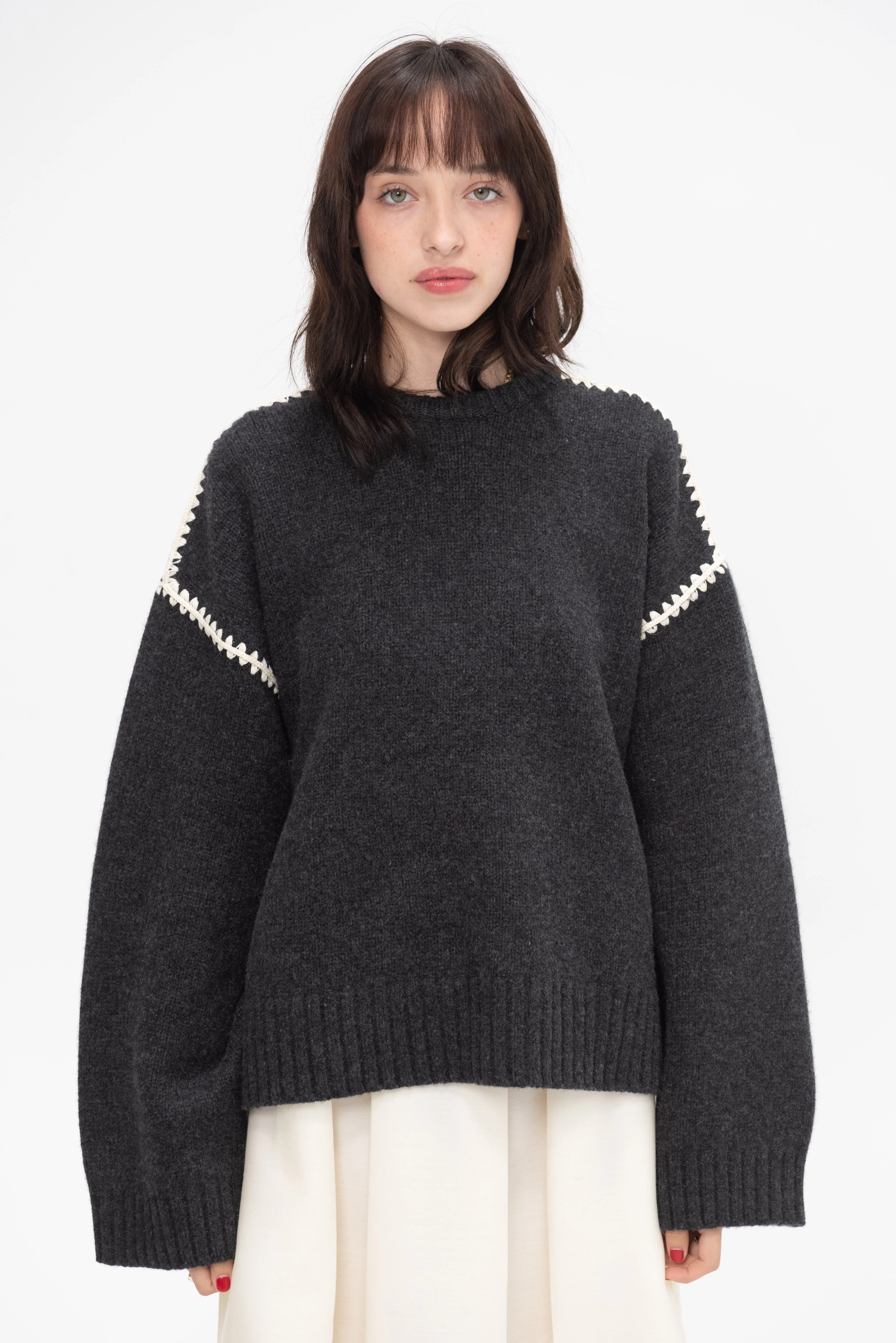 Embroidered Wool Cashmere Knit, Grey Melange