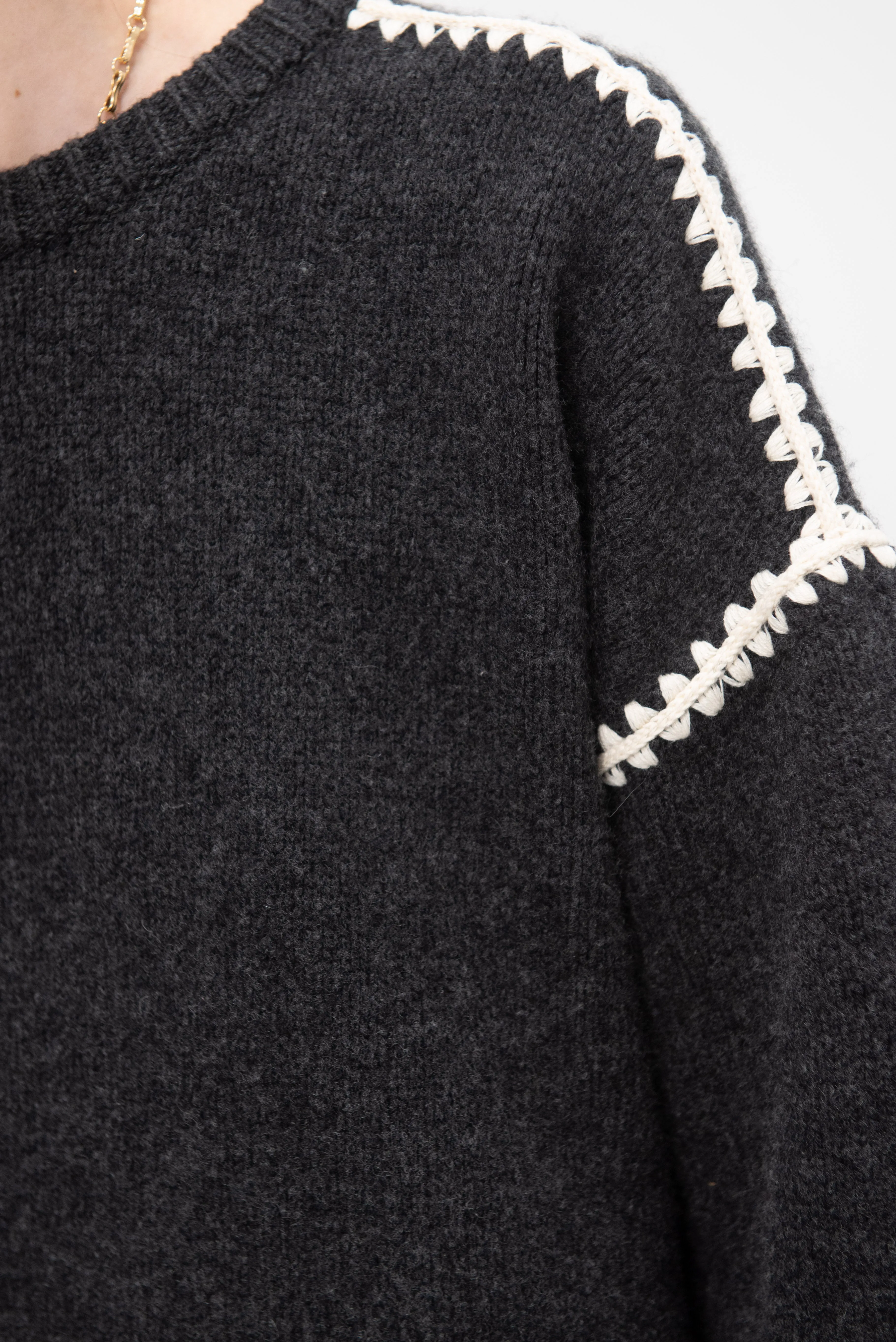 Embroidered Wool Cashmere Knit, Grey Melange