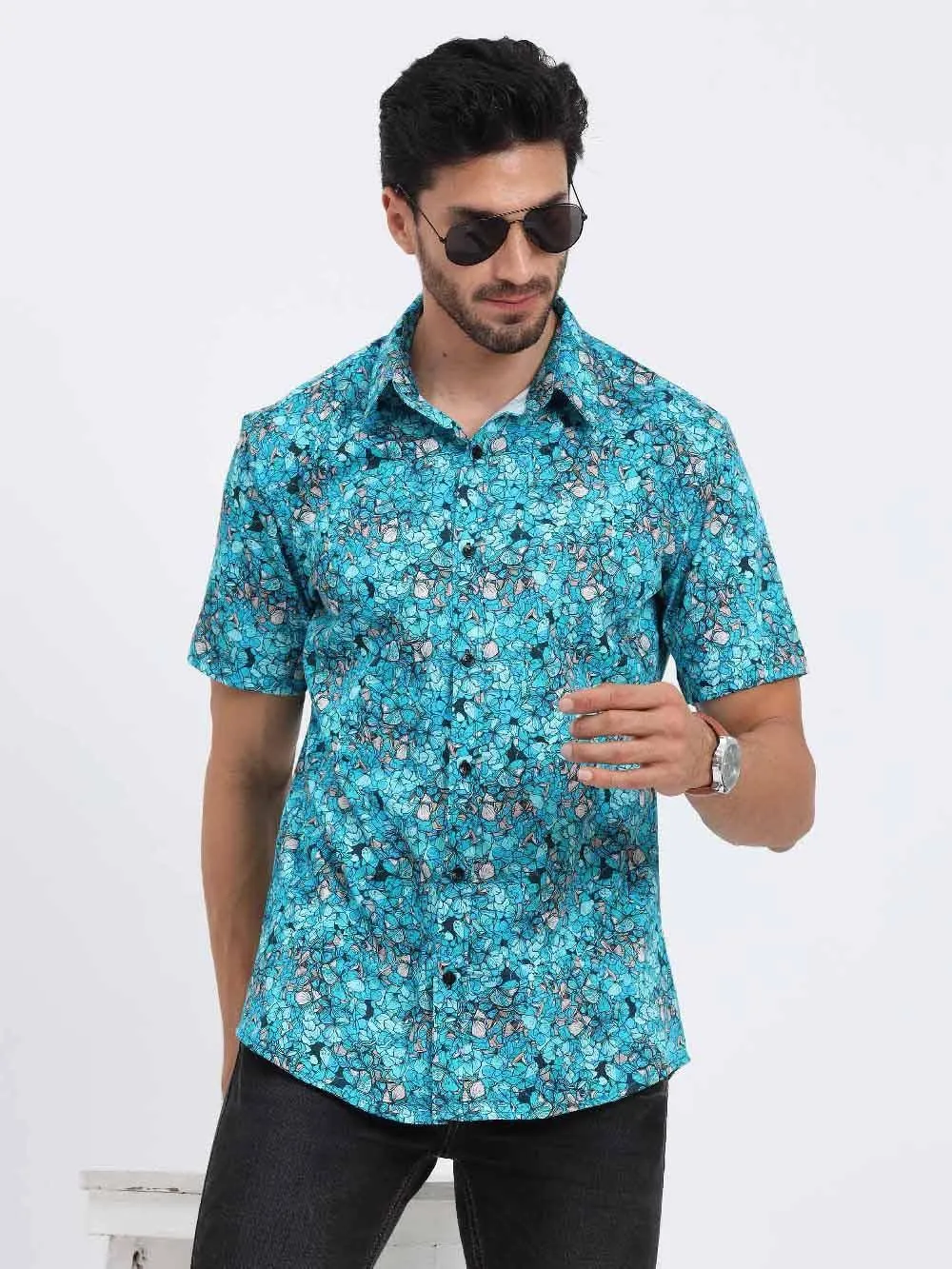 Floral Teal Printed Cotton Half Sleeve Shirt