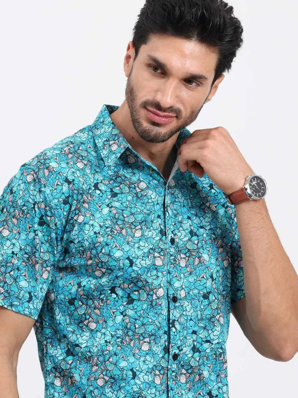 Floral Teal Printed Cotton Half Sleeve Shirt