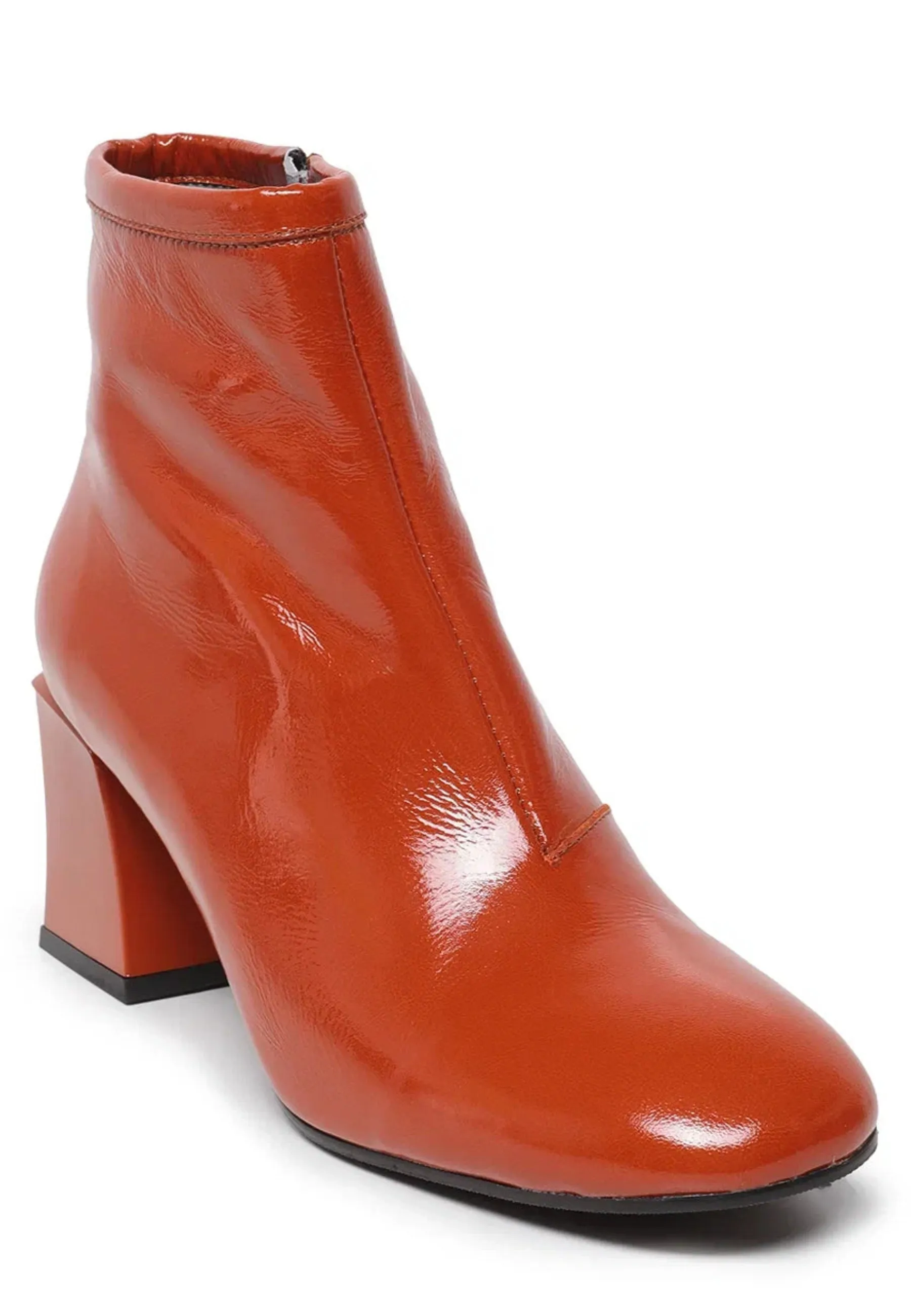 Glossy Block Heel Ankle Boots - Orange