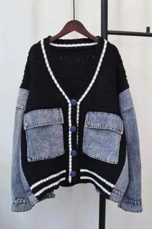 HWS1194 Denim Patchwork Knit Cardigan