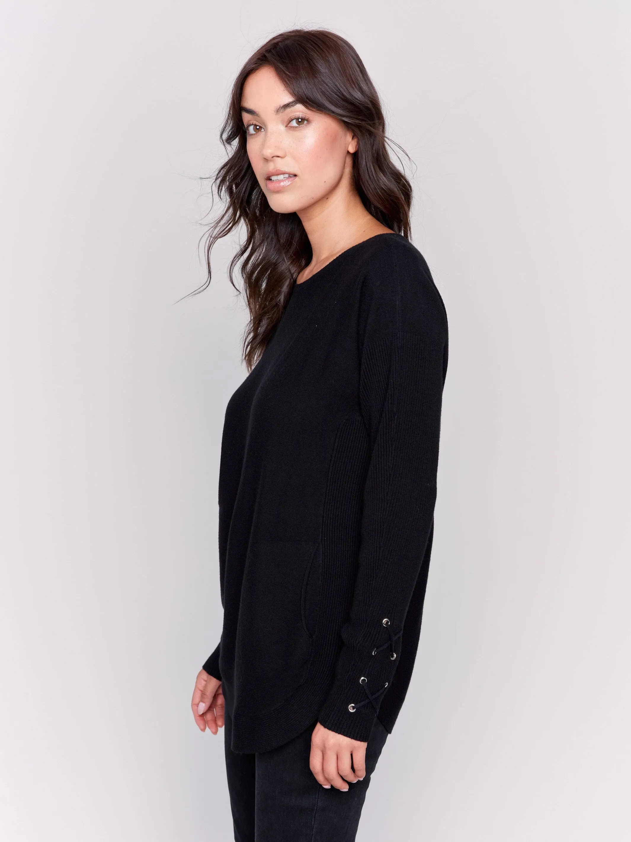 Knit Sweater with Lace-Up Cuffs - Black