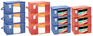 Kuber Industries Leheriya Printed 6 Piece Non Woven Saree Cover and 6 Pieces Underbed Storage Bag, Storage Organiser, Blanket Cover, Orange & Blue -CTKTC42458