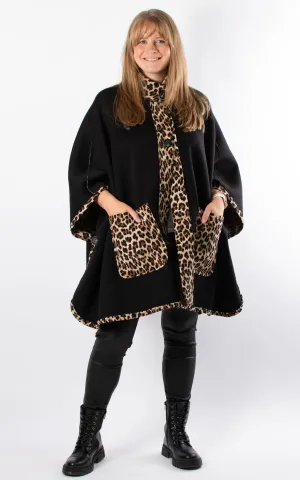 Leopard Print Reversible Poncho | Black