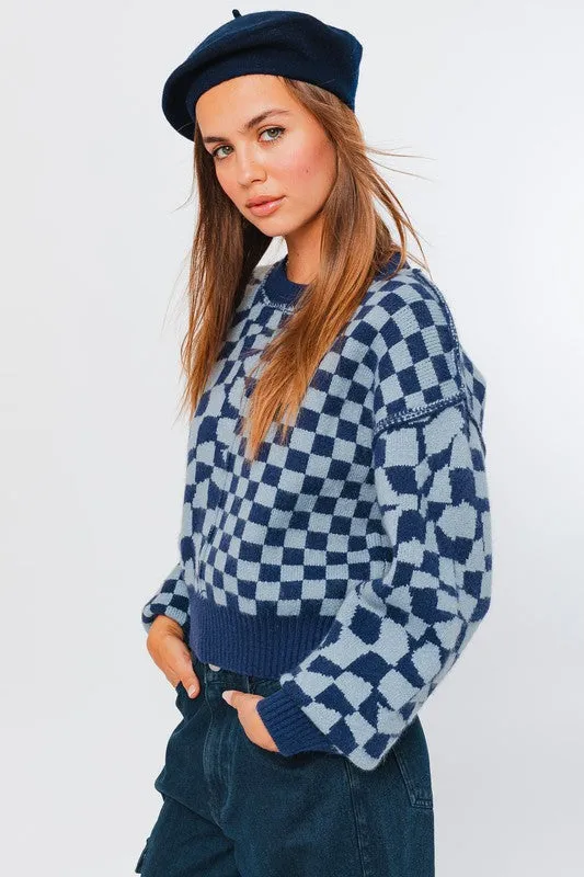 Leslie Long Sleeve Checkerboard Sweater