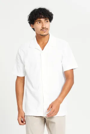 Men White Camp Collar Jacquard Shirt