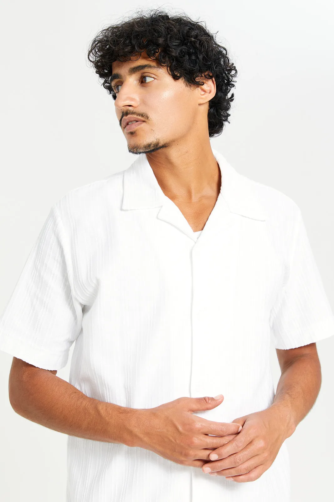 Men White Camp Collar Jacquard Shirt