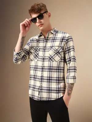 Men's Beige Checks Spread Collar Full Sleeve Relaxed Fit Shirt