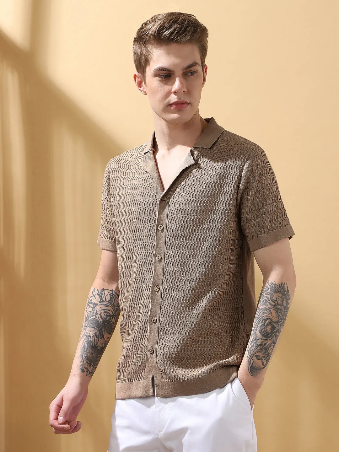 Men's Beige Cuban Collar Half Sleeves Knitted T-shirt