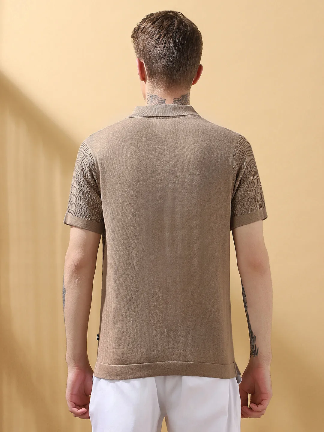 Men's Beige Cuban Collar Half Sleeves Knitted T-shirt