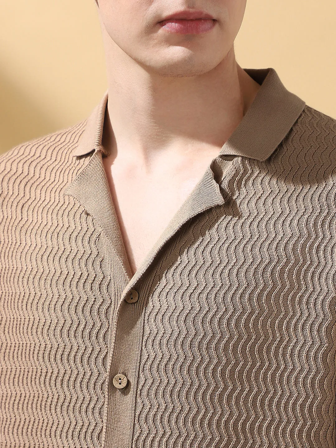 Men's Beige Cuban Collar Half Sleeves Knitted T-shirt