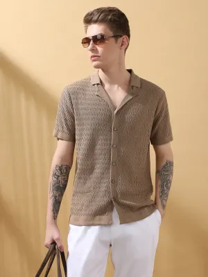 Men's Beige Cuban Collar Half Sleeves Knitted T-shirt