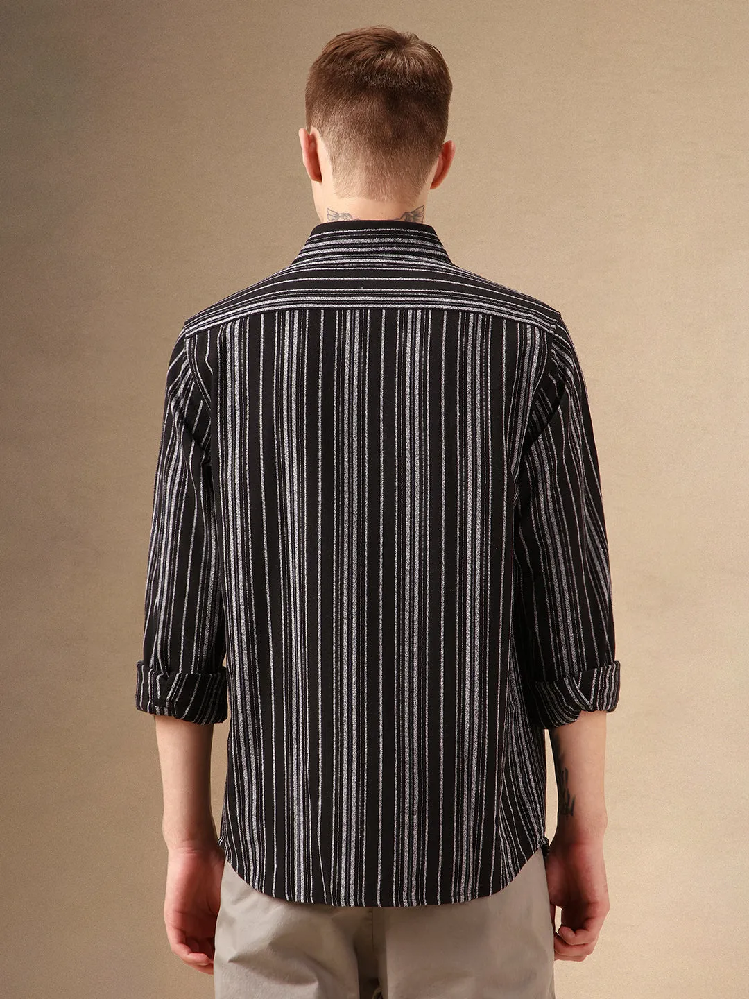 Men's Black Striped Spread Collar Full Sleeves 100% Cotton Casual Shirt