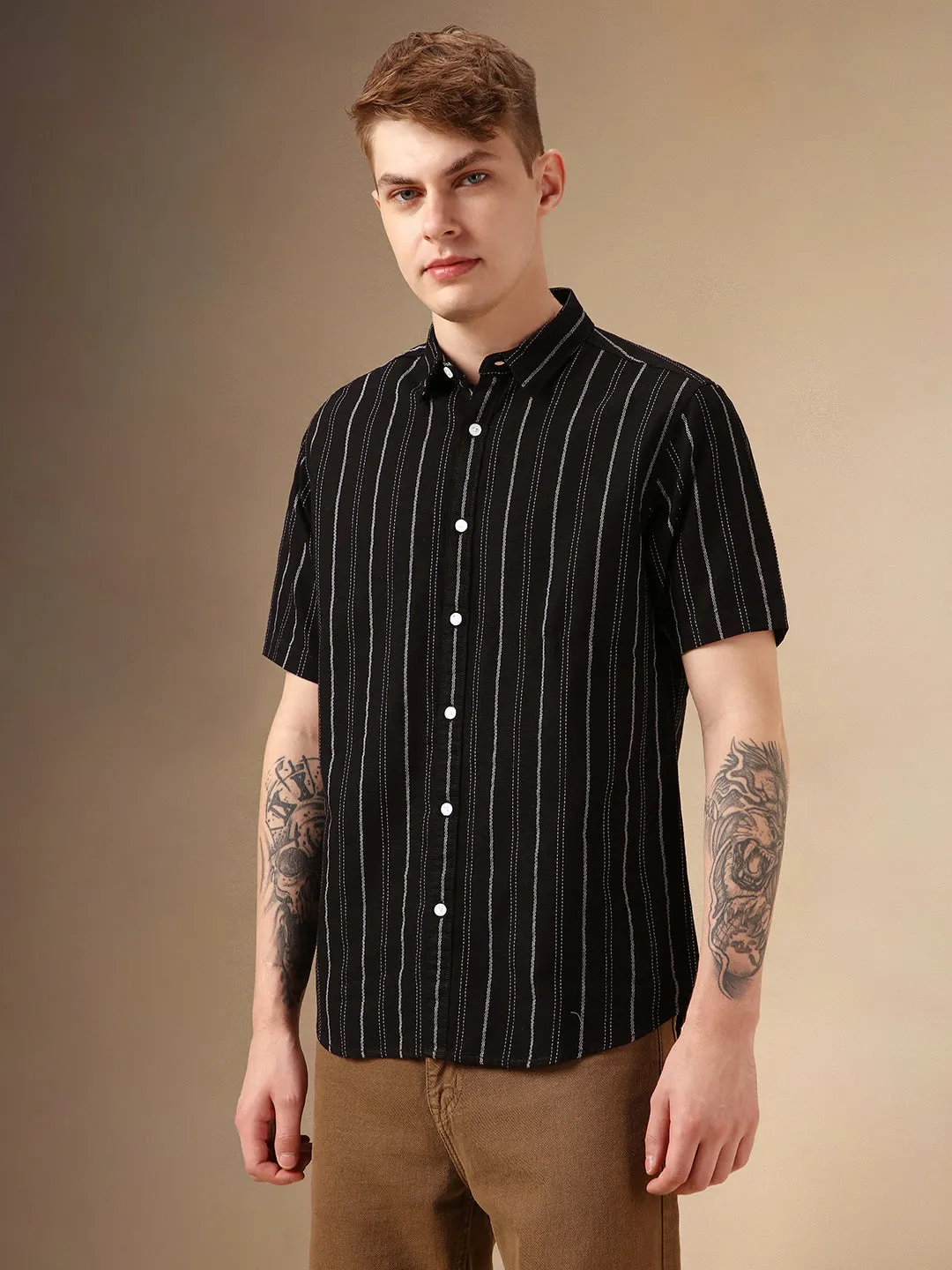 Men's Black Striped Spread Collar Half Sleeves Polycotton Dobby Casual Shirt