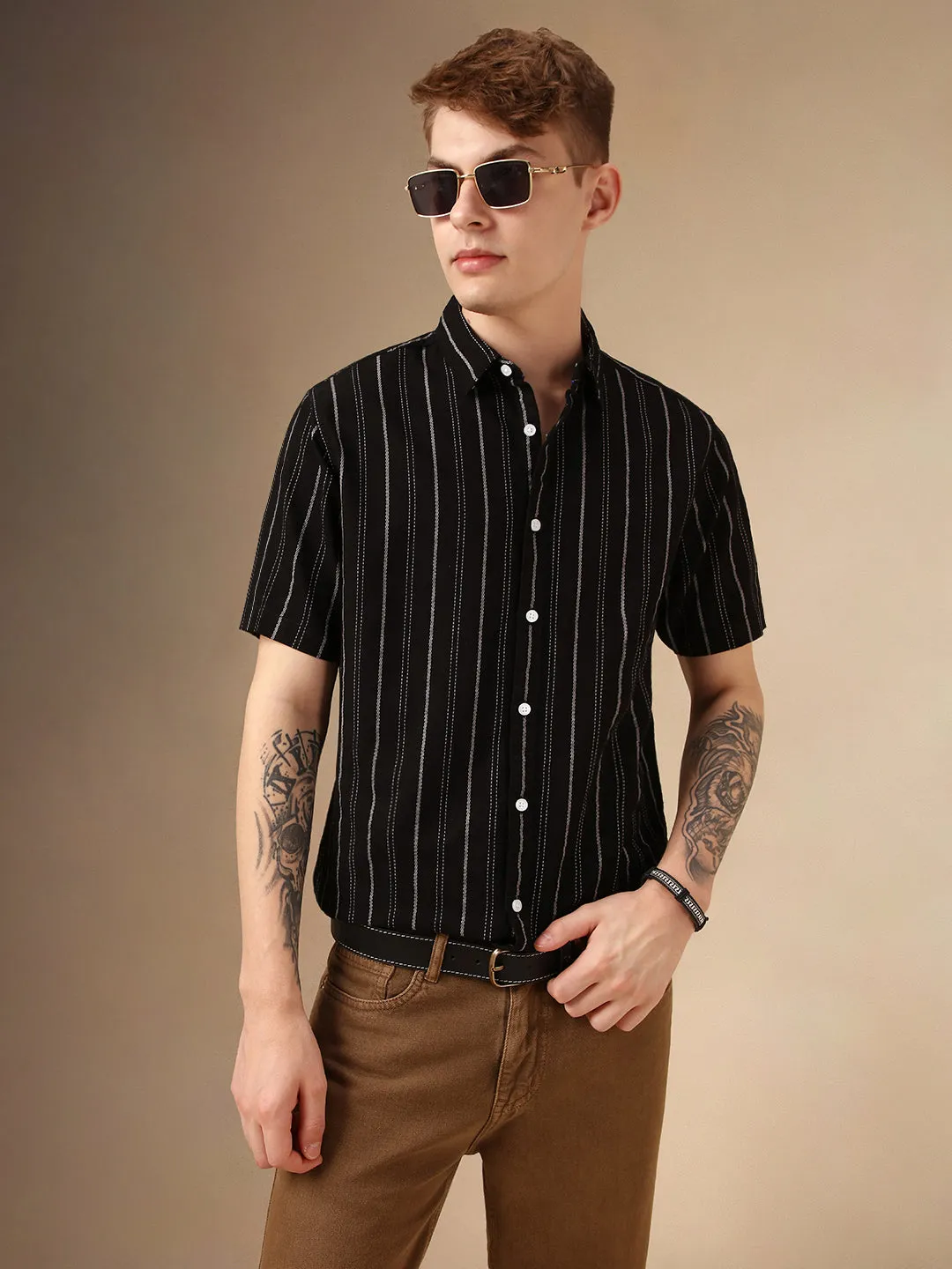 Men's Black Striped Spread Collar Half Sleeves Polycotton Dobby Casual Shirt