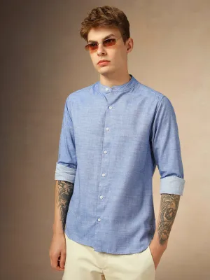 Men's Blue Solid Mandarin Collar Full Sleeves Shirt