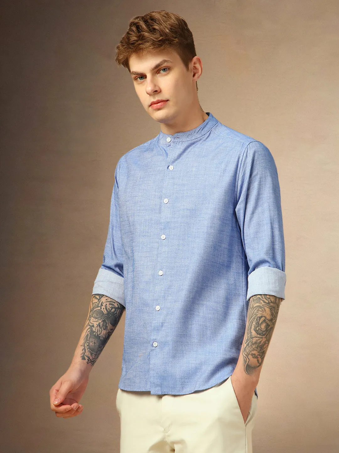 Men's Blue Solid Mandarin Collar Full Sleeves Shirt