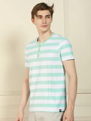 Men's Light Blue Henley Neck Striped Cotton T-Shirt