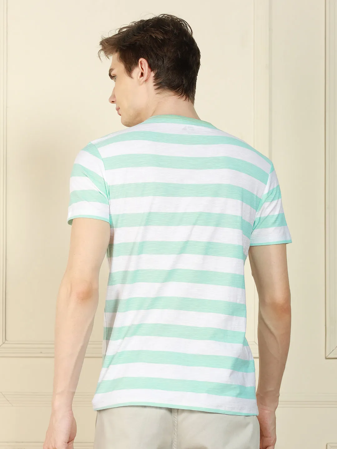 Men's Light Blue Henley Neck Striped Cotton T-Shirt