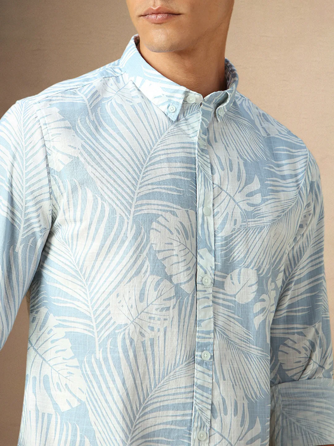 Men's Light Blue Printed Button Down collar Full Sleeves Casual Shirt