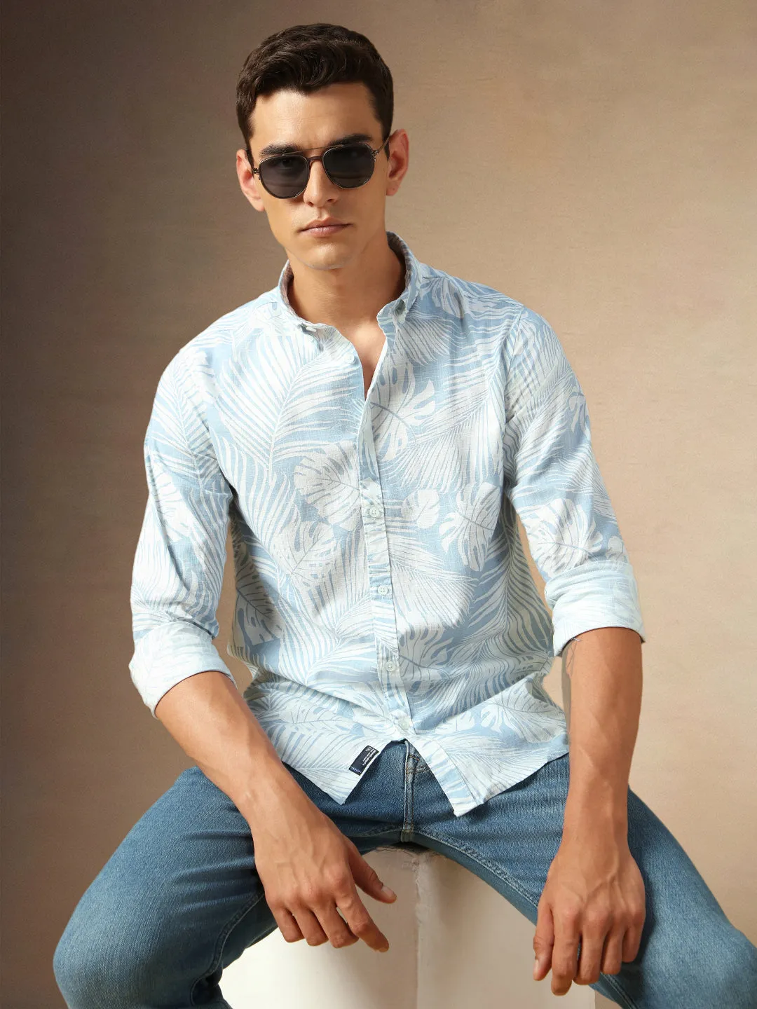 Men's Light Blue Printed Button Down collar Full Sleeves Casual Shirt