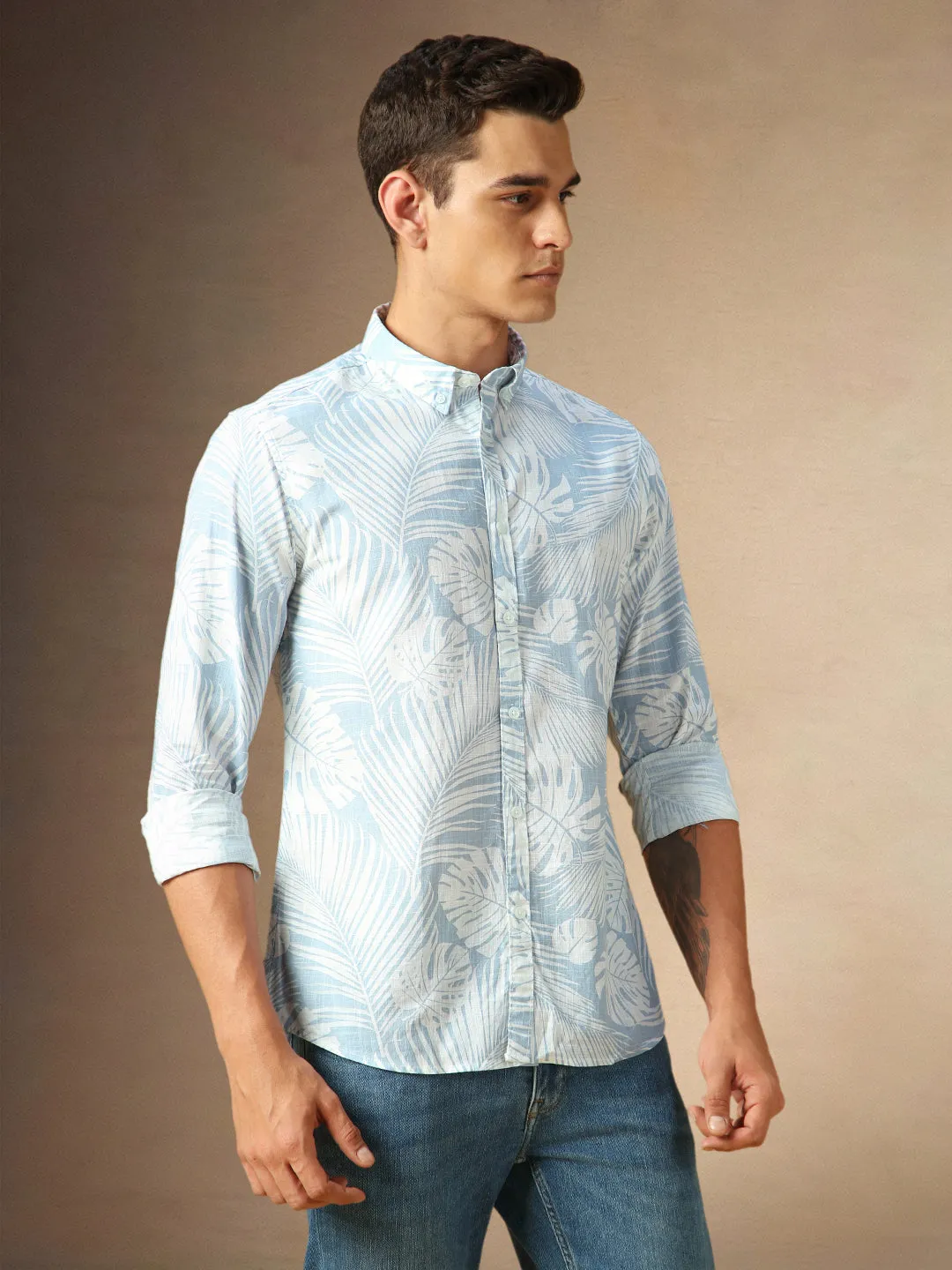 Men's Light Blue Printed Button Down collar Full Sleeves Casual Shirt