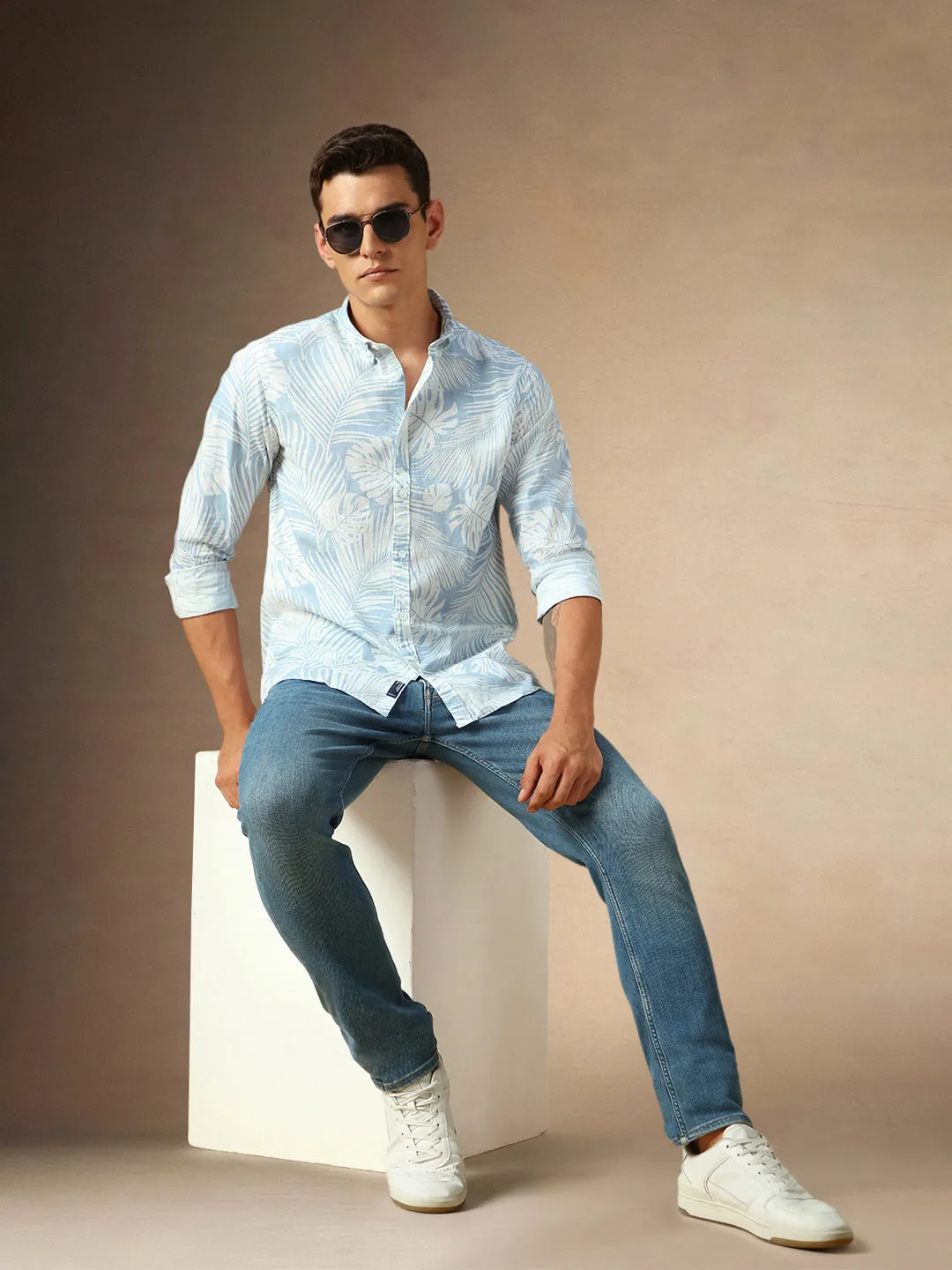 Men's Light Blue Printed Button Down collar Full Sleeves Casual Shirt