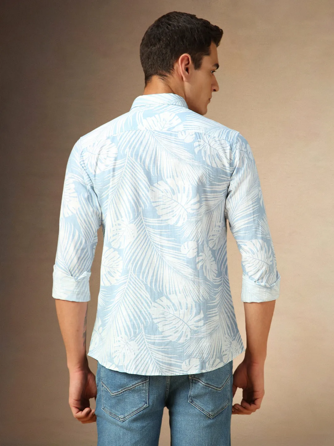 Men's Light Blue Printed Button Down collar Full Sleeves Casual Shirt