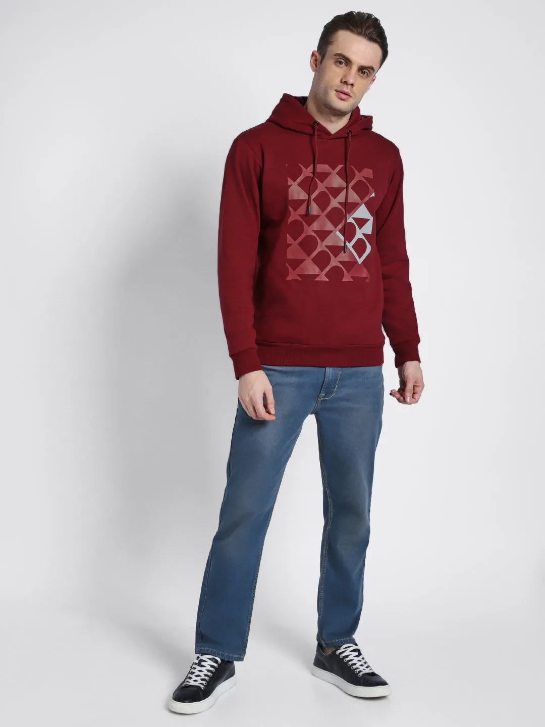 Men's Maroon Printed Hooded Sweatshirt