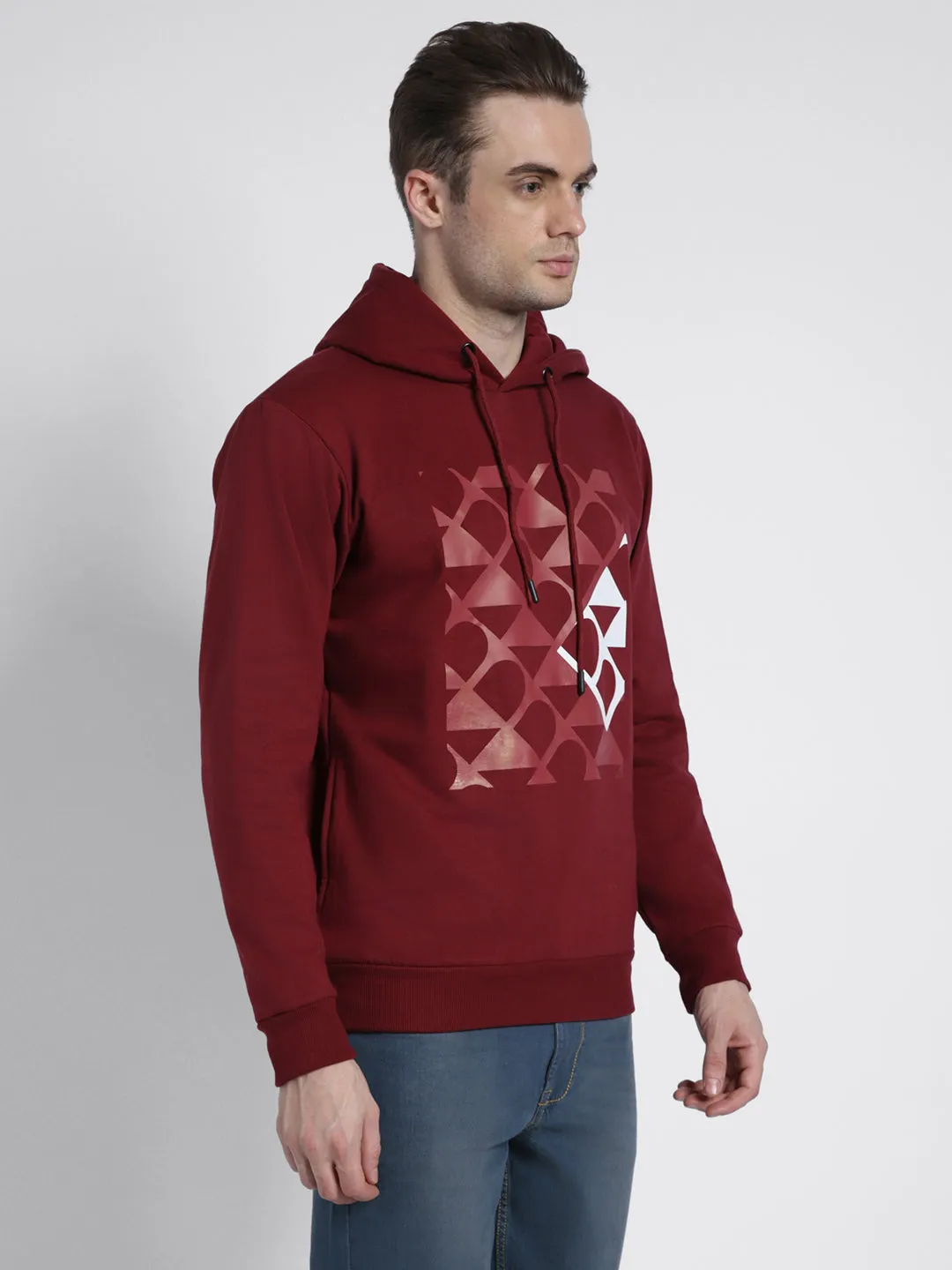 Men's Maroon Printed Hooded Sweatshirt