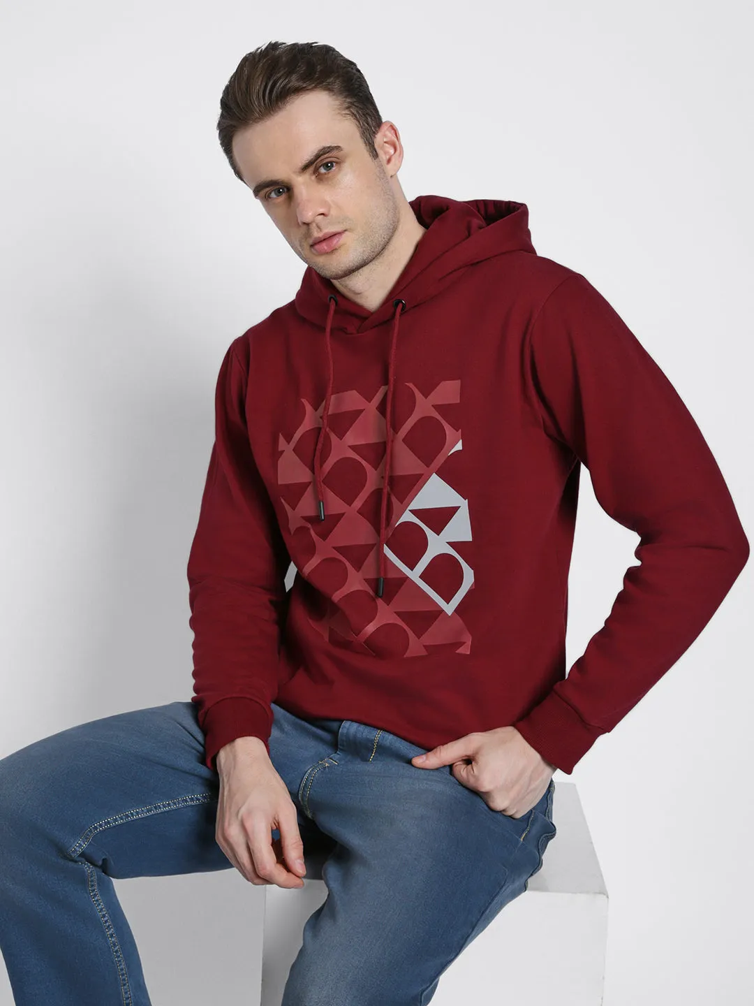 Men's Maroon Printed Hooded Sweatshirt