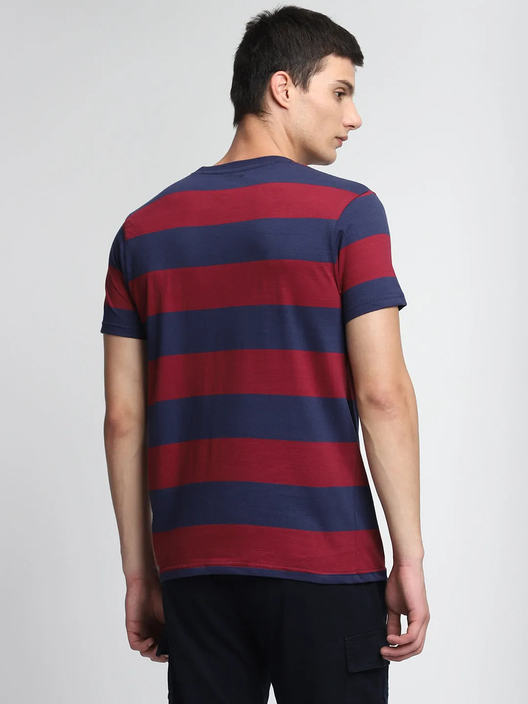 Men's Maroon Striped Crew Neck T-shirt