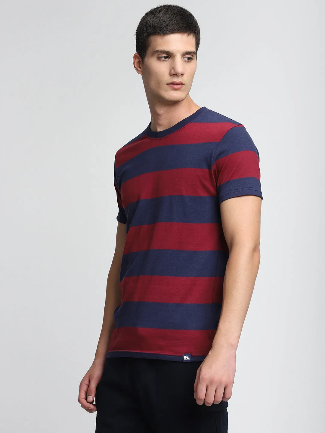 Men's Maroon Striped Crew Neck T-shirt