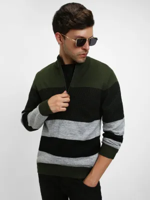 Men's Mock Regular Fit Striper Olive Sweater