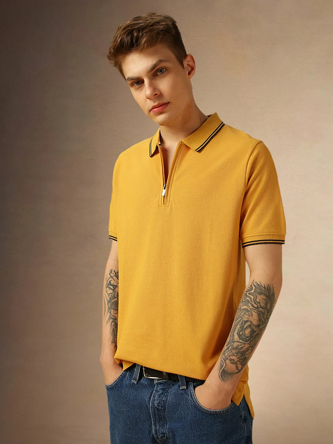 Men's Mustard Solid Polo Collar Half Sleeves T-shirt