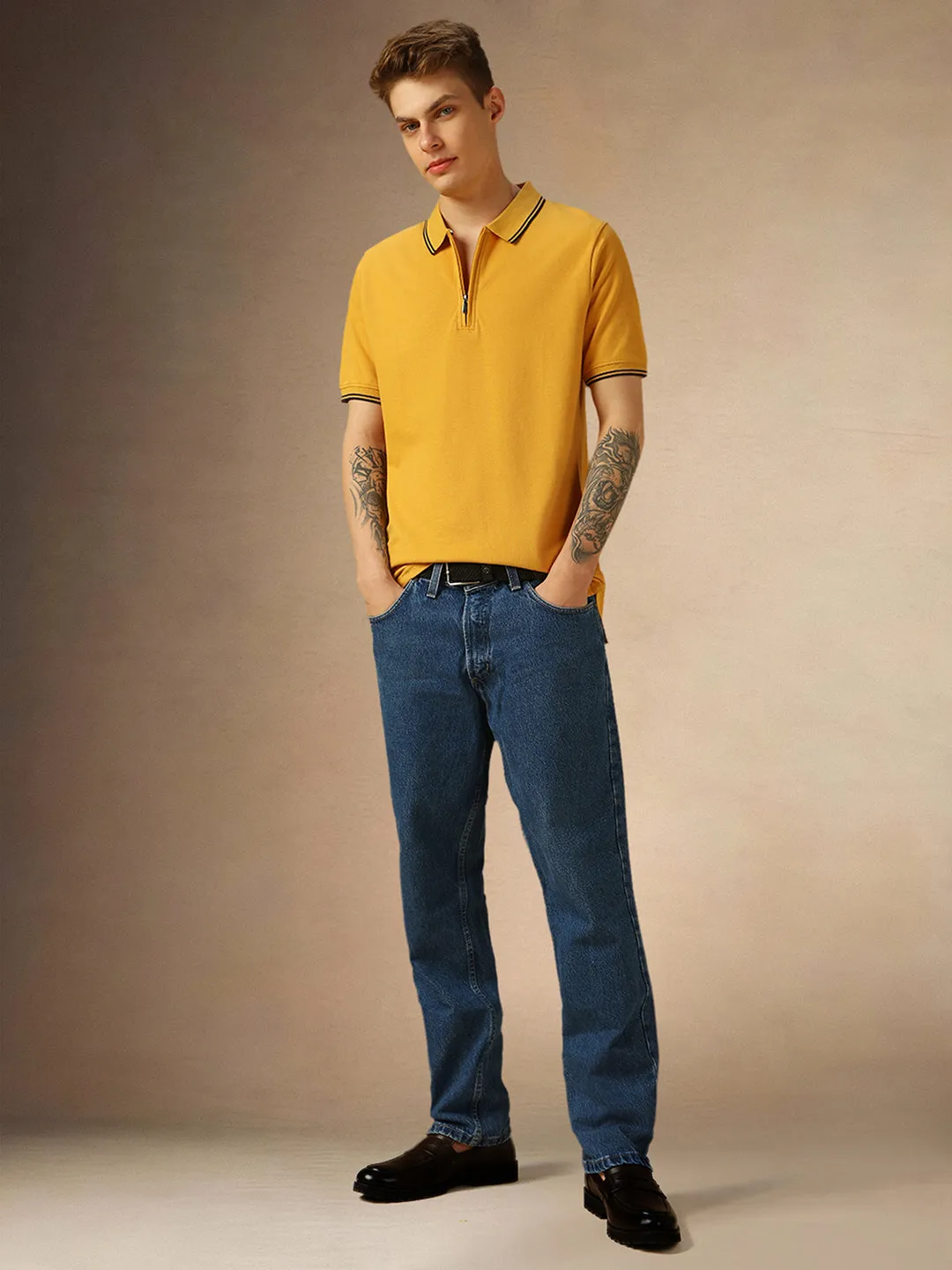 Men's Mustard Solid Polo Collar Half Sleeves T-shirt