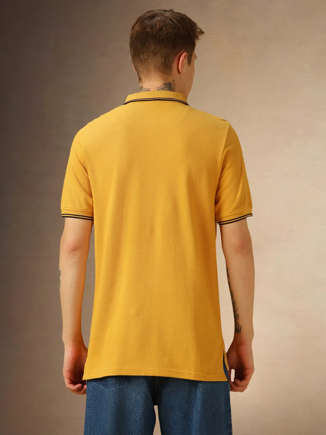 Men's Mustard Solid Polo Collar Half Sleeves T-shirt