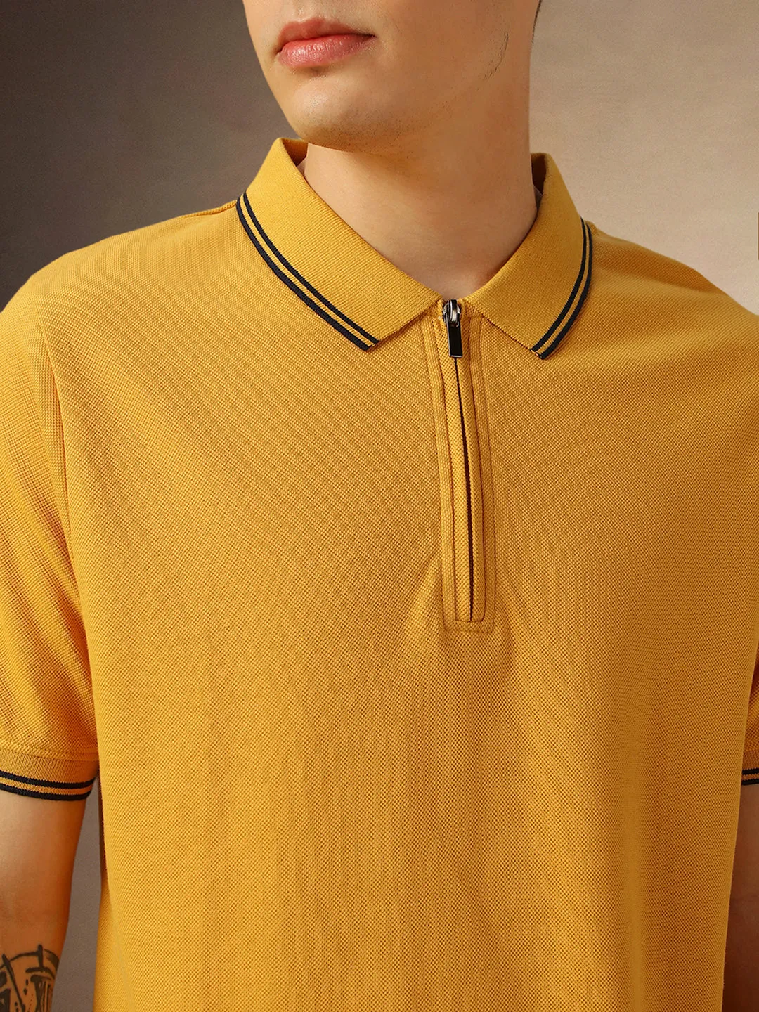 Men's Mustard Solid Polo Collar Half Sleeves T-shirt